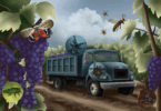 A colorful drawing of different invasive insects swarming a grape field and a blue truck.